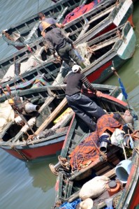 Hier vooral rode vissersbootjes